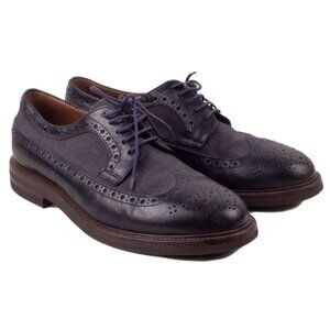BRUNELLO CUCINELLI NAVY LEATHER COTTON PANEL WINGTIP DERBY SHOES